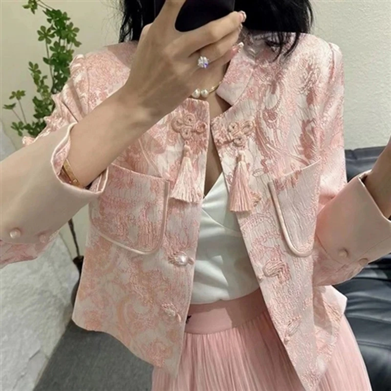 

Vintage Chinese Frog Button Cardigan Jacket Women 2025 New Loose Jacquard Top Short Coats Spring Autumn Elegant Luxury Outerwear