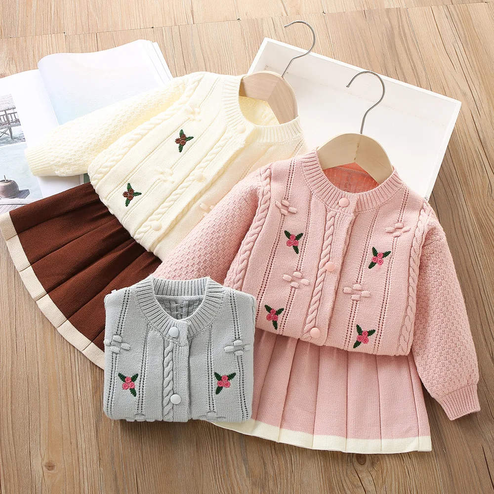 

Girls Knitted Clothes Sets Spring Autumn Children Woolen Jersey Sweaters Coats Skirts 2pcs Party Suit For Baby Outfits Kids 5 6Y