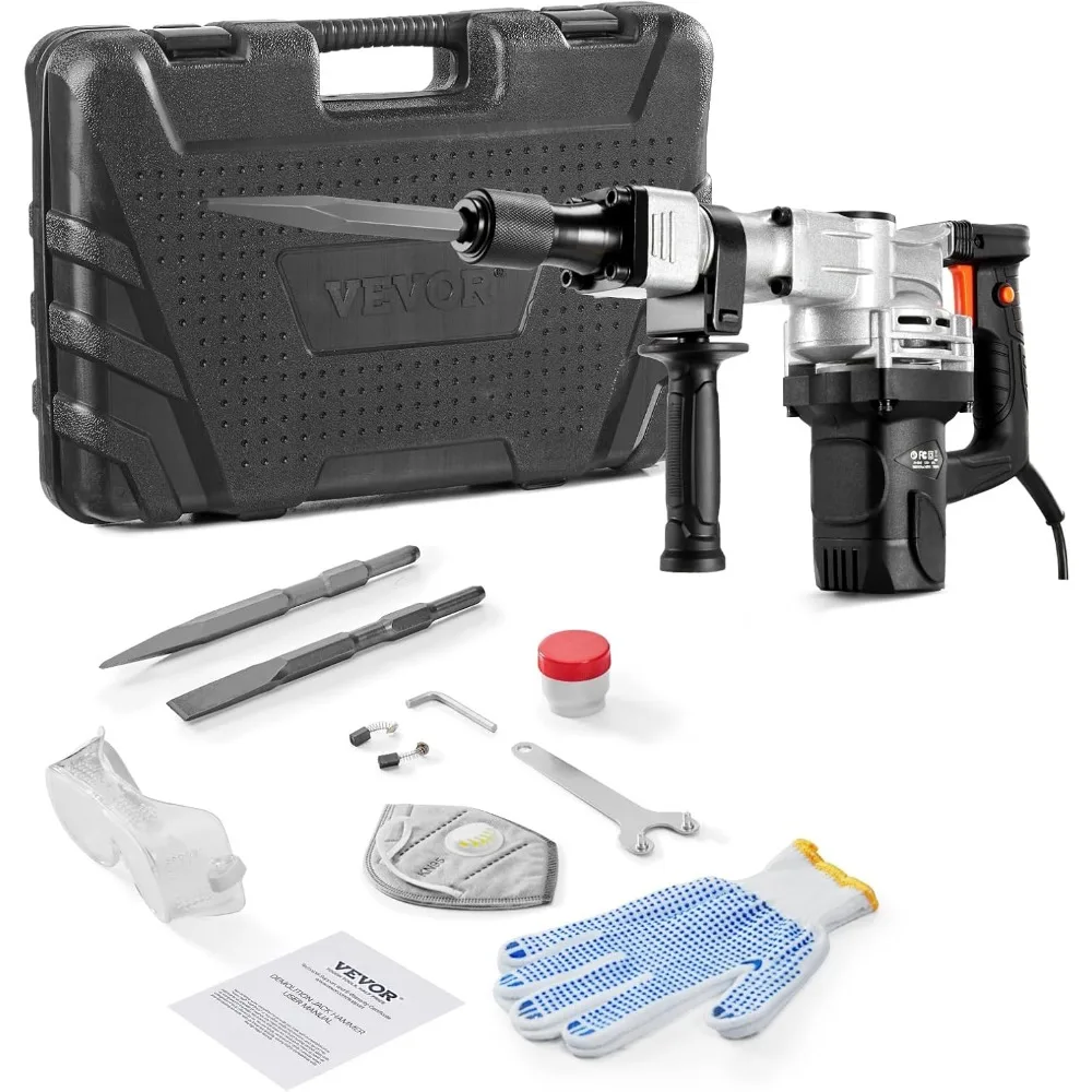 Palu Beton Listrik 1400W Heavy-Duty untuk Pembongkaran, Termasuk 2 Pahat, 2900 BPM untuk Pemecah Beton, Kotak Portabel