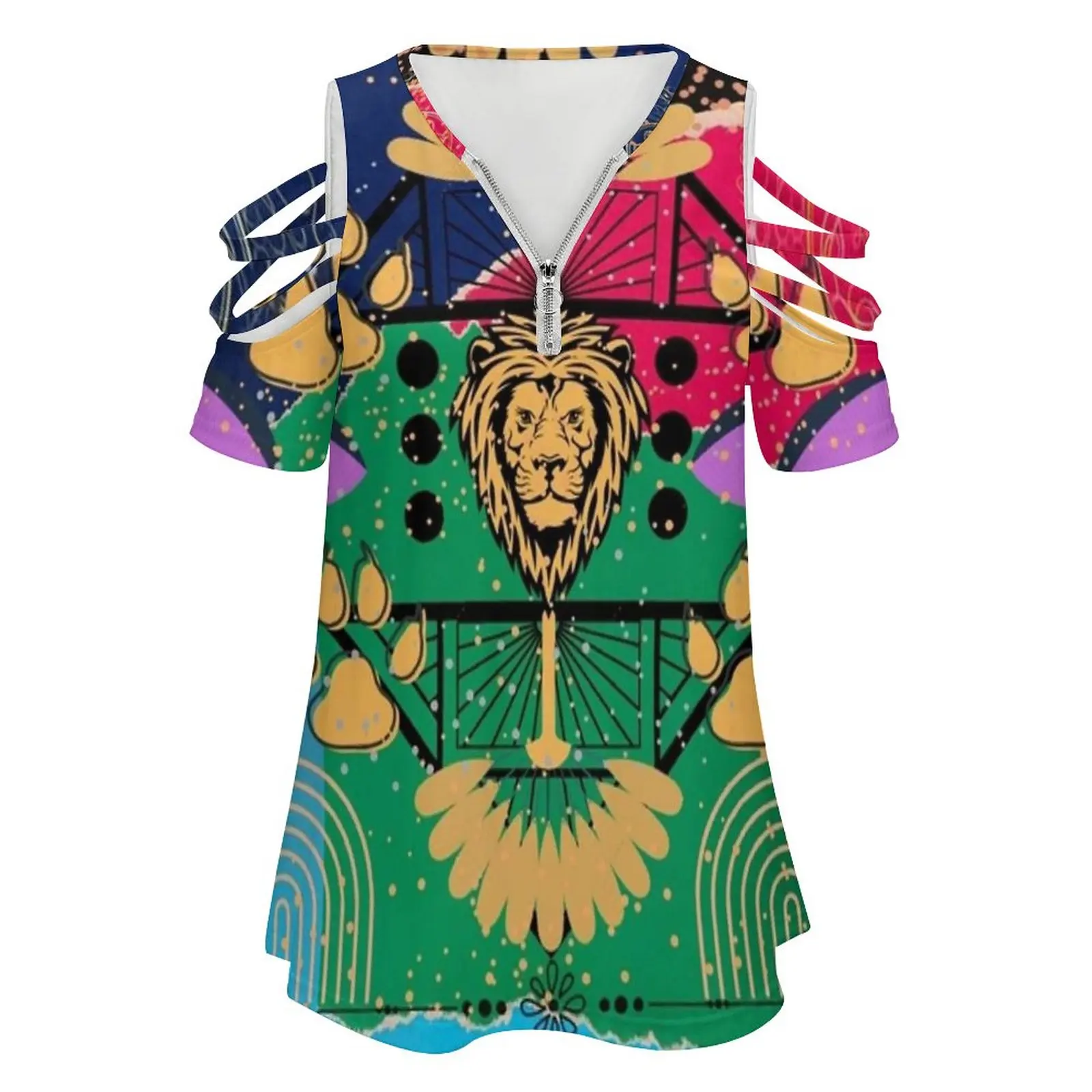 Lion Royalty Art New Fashion Zip Off Shoulder Top Short-Sleeve Women Shirt Lion Golden Aesthetic Beautiful Unique Fun Different