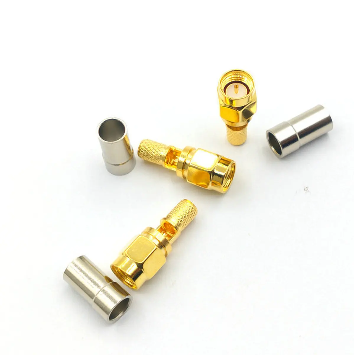 conector rf rg58 lmr195 rgproduto conector dourado sma macho para janela de crimpagem central rg58 01