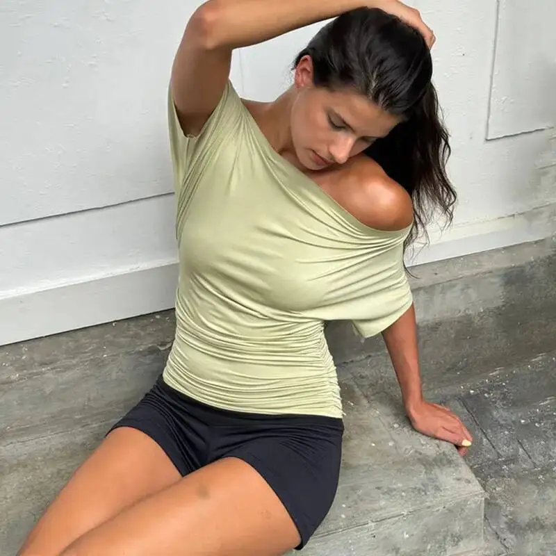 

Асимметричная базовая повседневная футболка женская на одно плечо High Street тонкий топ с рюшами модная футболка с короткими рукавами однотонная рубашка Y2k