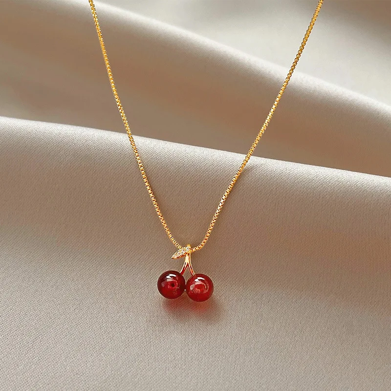 New Wine Red Cherry Pendant Necklace for Women's Personalized Fashion Wedding Jewelry Birthday Gift