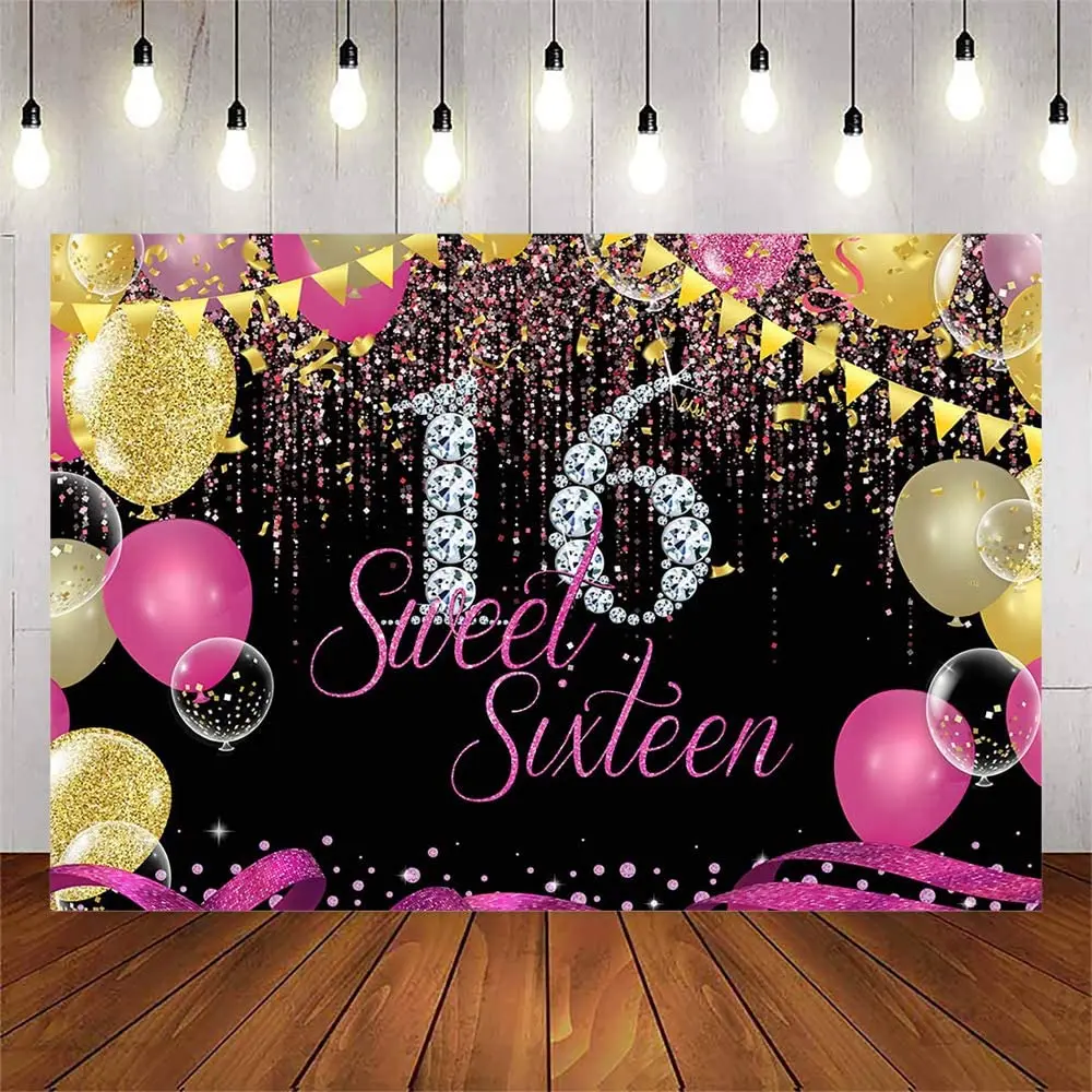 

Sweet Girls 16 Sixteen Happy Birthday Party Photography Backdrop Confetti Pink And Gold Balloons Decoration Background Banner