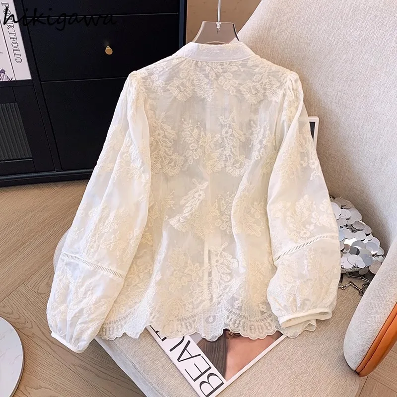 Chinese Style Women Blouses O-neck Long Sleeve Lace Shirts Temperament Single Breasted Loose Embroidery Tops Camisas De Mujer