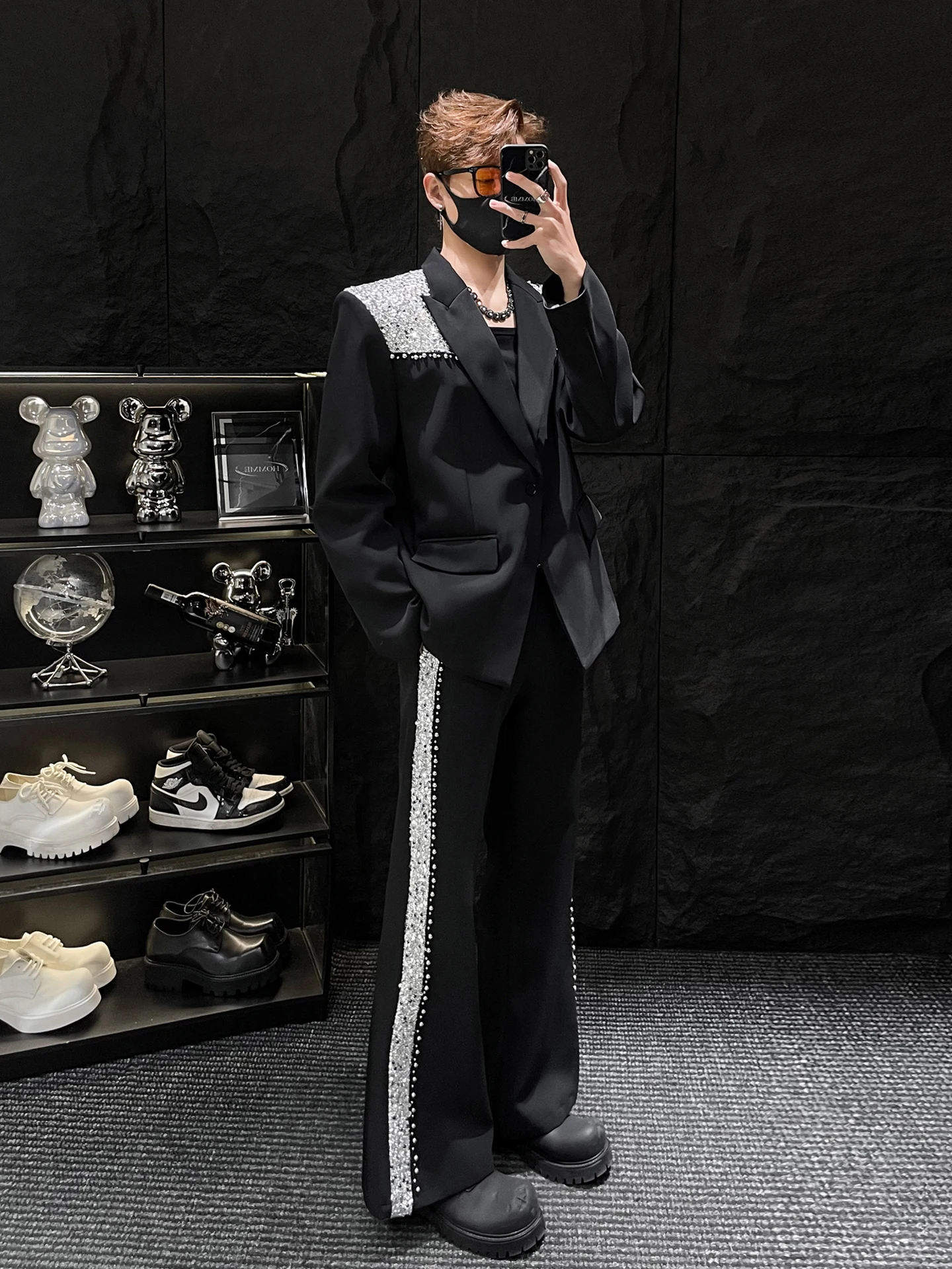 

Мужской костюмный комплект HOMME с пайетками и пэчворком, свободный крой, молодежный стиль, весенне-осенняя одежда, повседневные брюки с микро-клешем