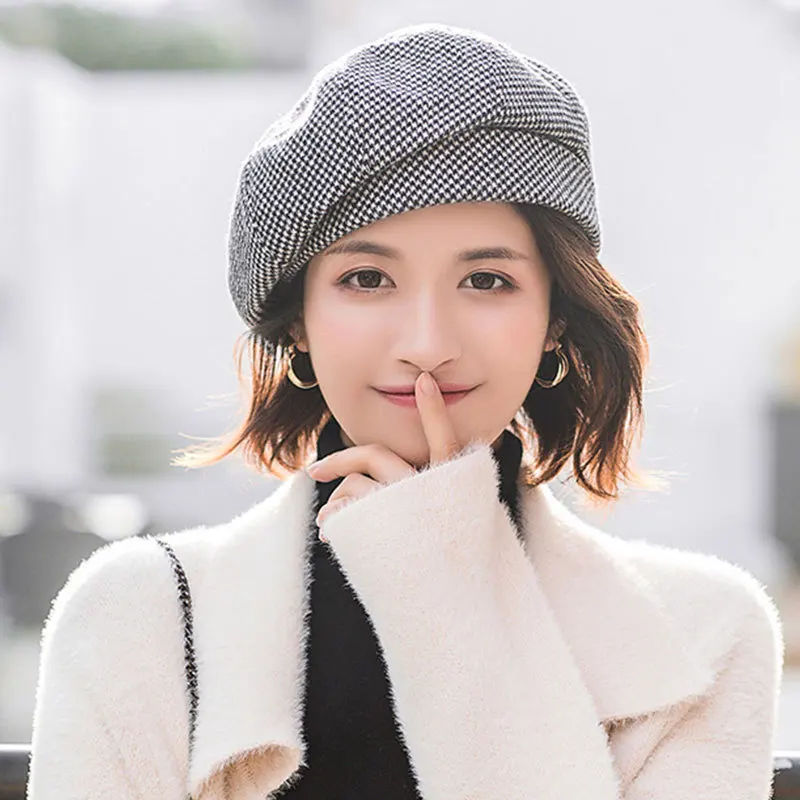 1 PC Internet Celebridad versátil mil pájaro rejilla Beret edición coreana mujer de moda británica Bud Pintor Sombrero Invierno