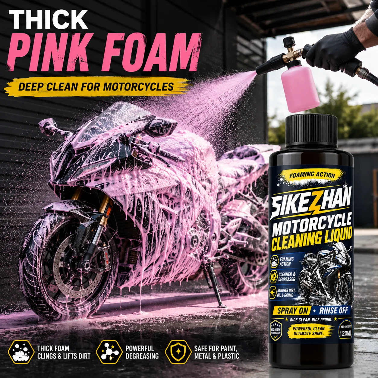 Premium 120ml Concentrated Motorcycle Cleaner Liquid, 1:100 High Dilution Ratio Foaming Wash Soap for Motorbike Care Supply Kit