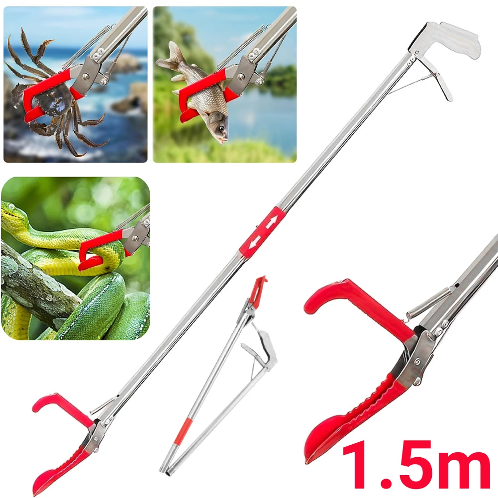 1.5m Foldable Snake Tongs Snake Catcher Tong Wide Jaw Stainless Steel Reptile Grabber Tool Snake Hook Catcher Loach Rubbish Clip