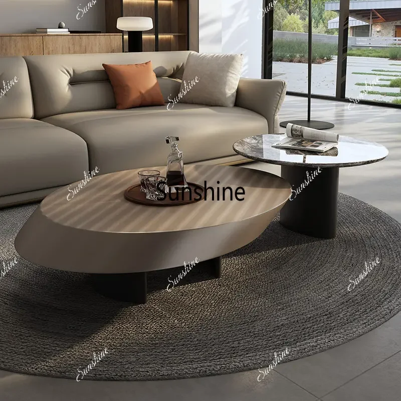 

Light luxury stainless steel elliptical round ratio solid wood coffee table household small apartment coffee tableTJ