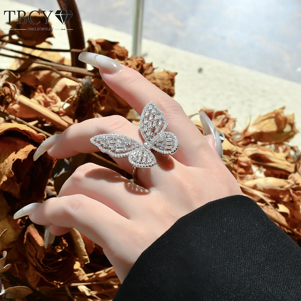 

TBCYD Butterfly Zircon Ring Creative Design Rings S925 Sterling Silver 35*30mm for Woman Ring