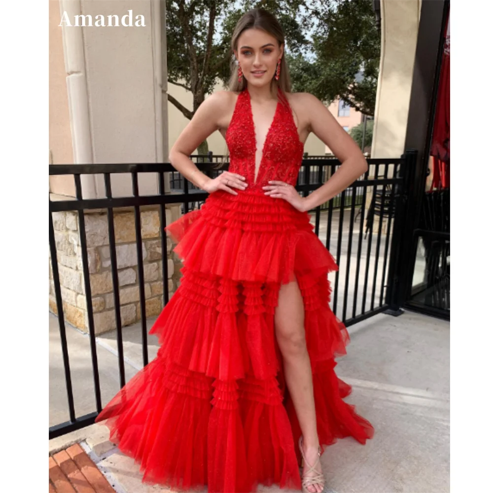 

Amanda Sexy Deep V-neck A-line Prom Dress 2024 Gliiter Lace Multilayer Formal Occasion Dresses Side High Split Tulle Party Dress