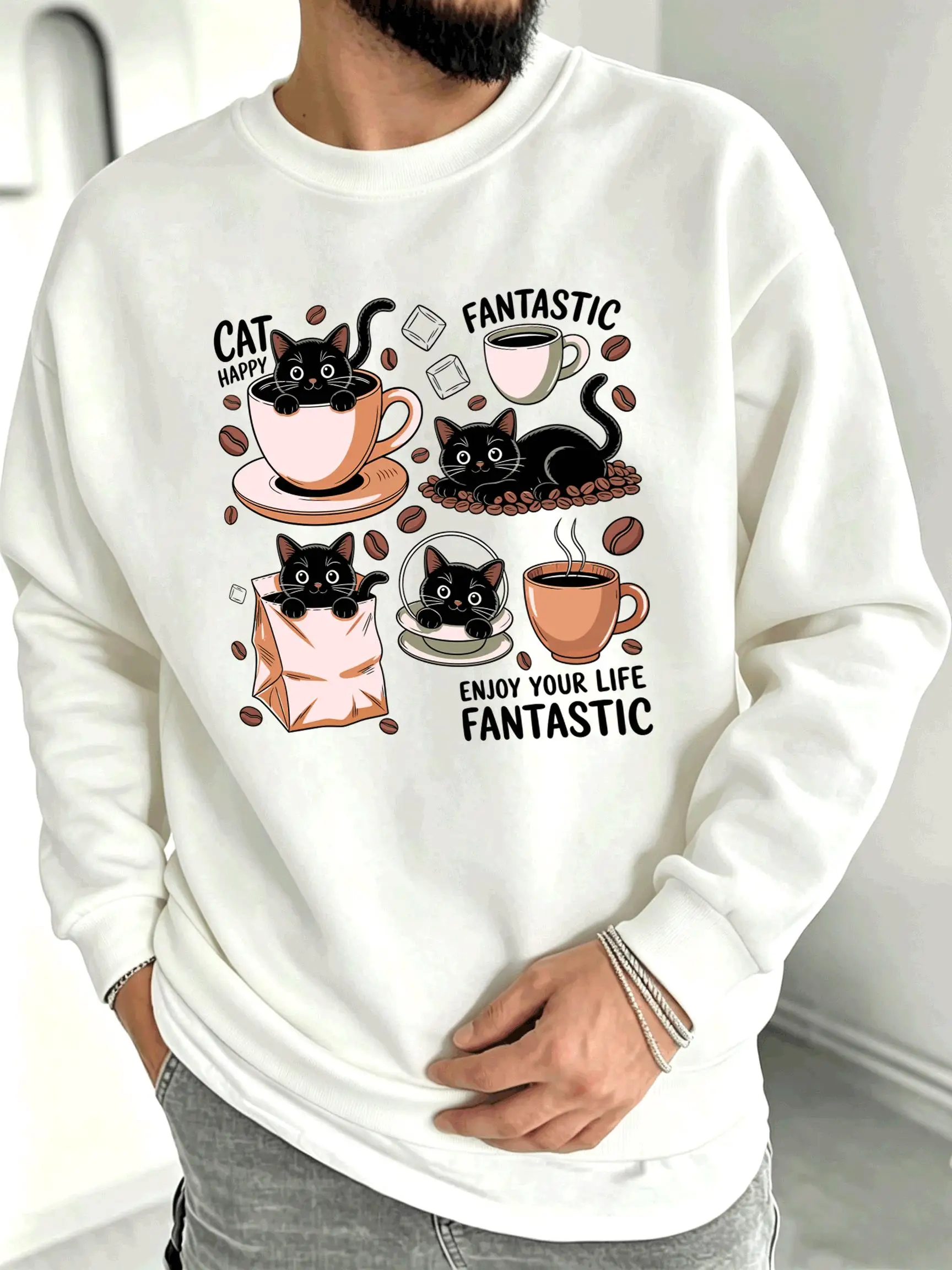 Enjoy Your Life Happy Coffee Cat Pattern Men'S Pullover Fleece Sweatshirt Loose Casual Clothes Autumn O-Neck Man Sportswear