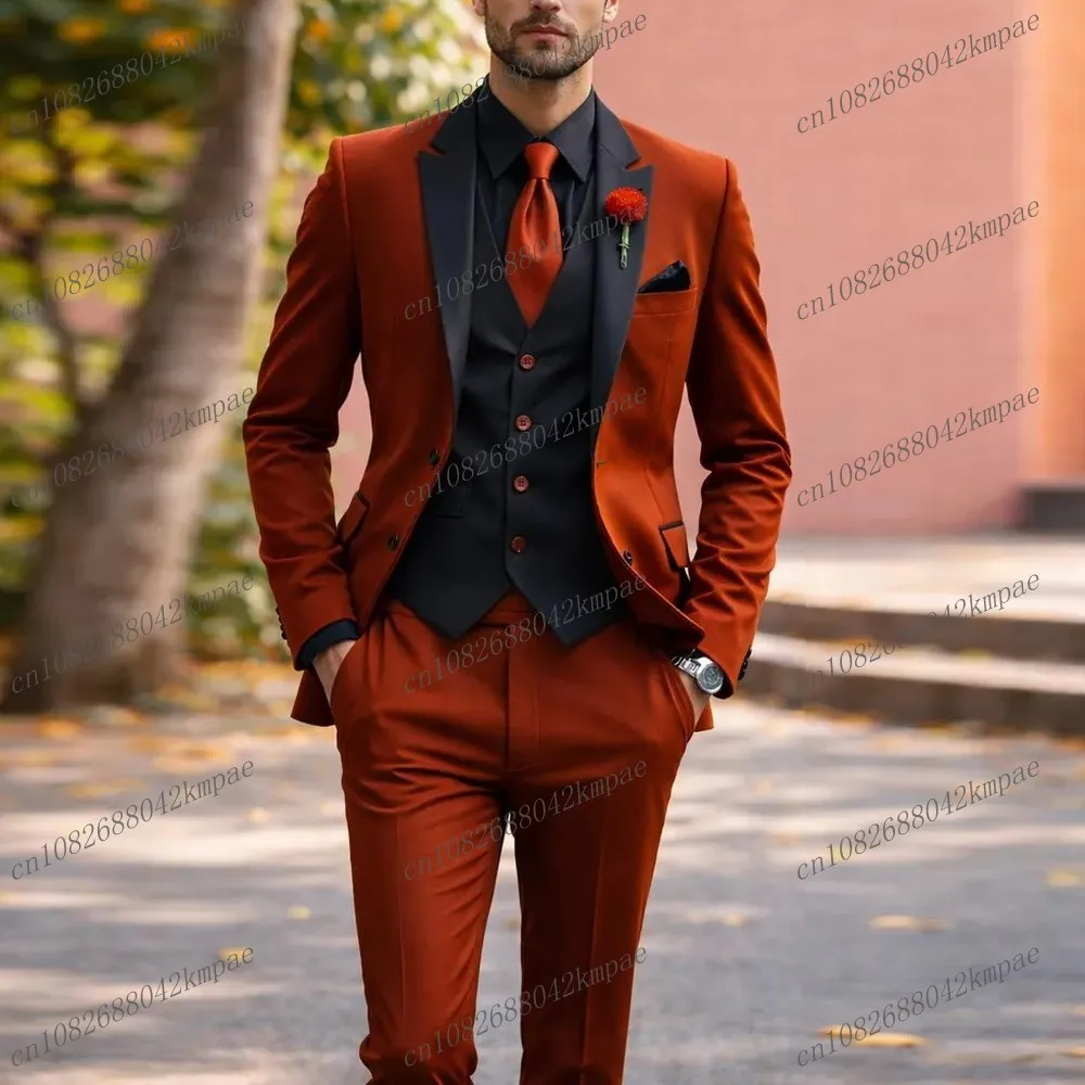 

Dark Orange And Black Men Suit Formal Groom Groomsman Wedding Party Prom Business Male Tuxedos 3 Piece Set Blazer Vest Pants