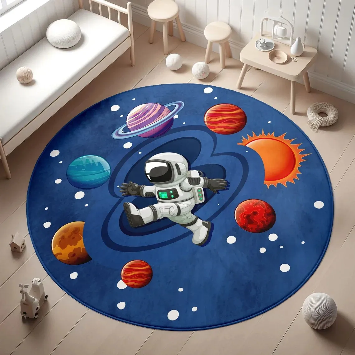 Cartoon Astronaut Outer Space Round Rug Cute Solar System Planet Floor Area Mat for Bedroom  Decor