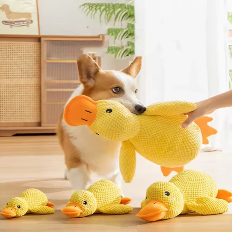 

Dog sleeping with a dog hug duck toys to relieve boredom of little yellow duck pet interactive plush doll pet supplies