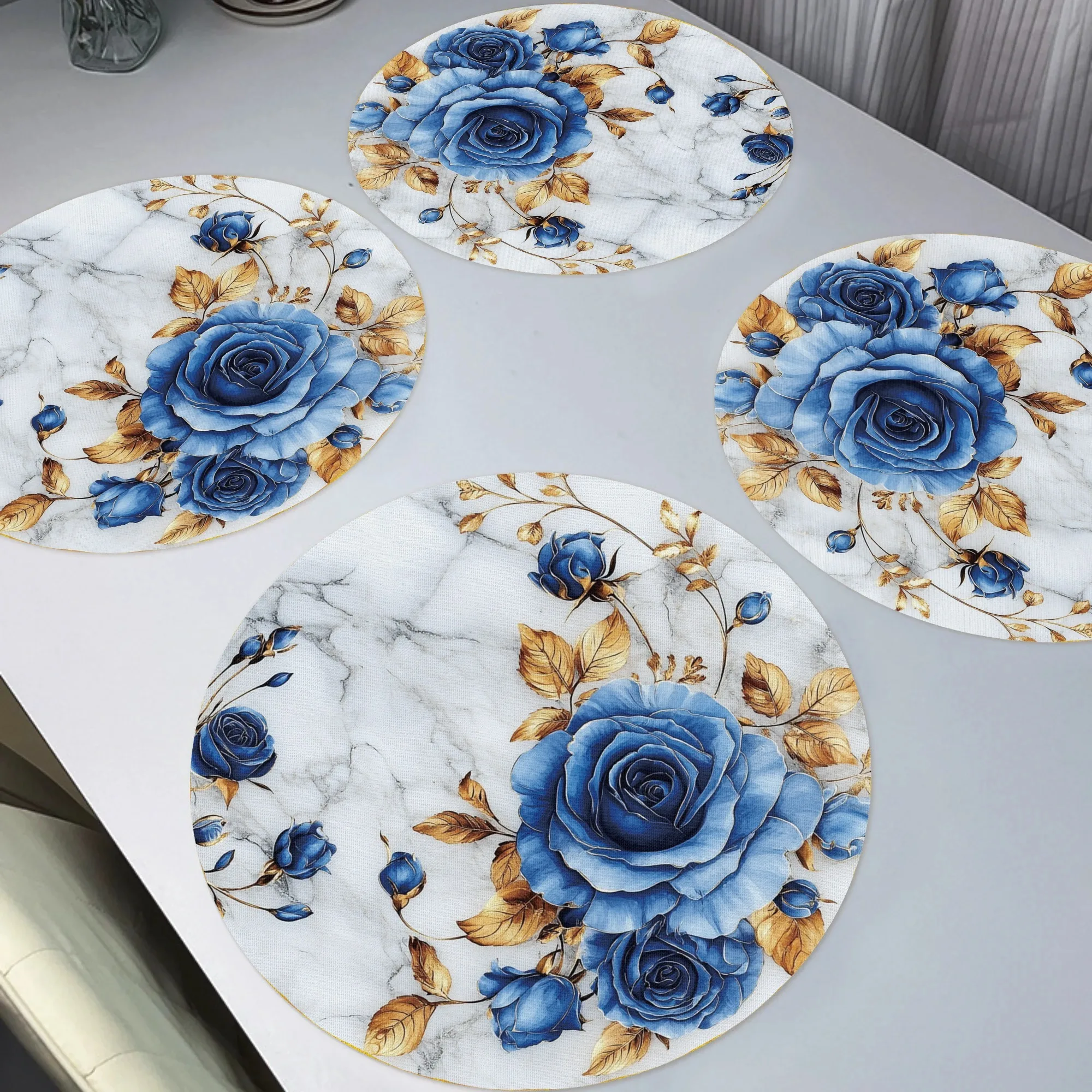 VIKAMA 4pcs Set Of Blue Rose Patterned Round Heat Resistant Placemats Modern Art Style Decorative Placemats Table Decoration