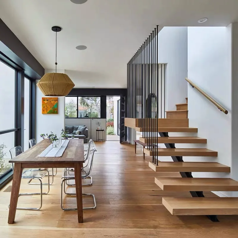 カスタマイズ可能なU字型階段、室内階段、無垢材のステップ、ガラス製の手すり付き