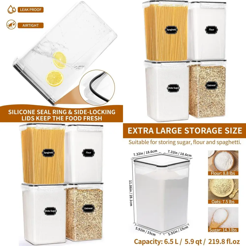 

Набор из 4 герметичных контейнеров XL для продуктов - 6,5 л, из пластика без BPA, для хранения на кухне, идеально подходят для круп, муки, сахара, с этикетками