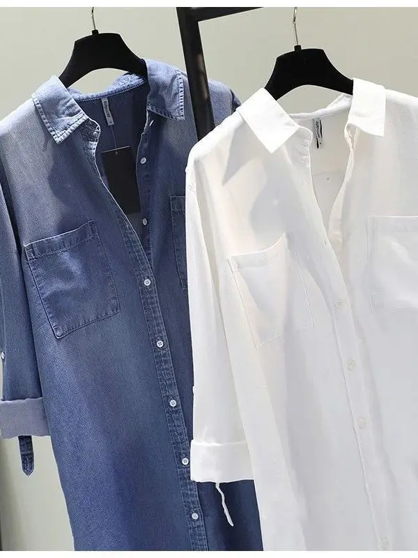 Lose Damen Denim irt Dr Mid-Length Korean Sle Long Sve Atmungsaktive Casual Faion Frühling Herbst Saisonale Kleidung