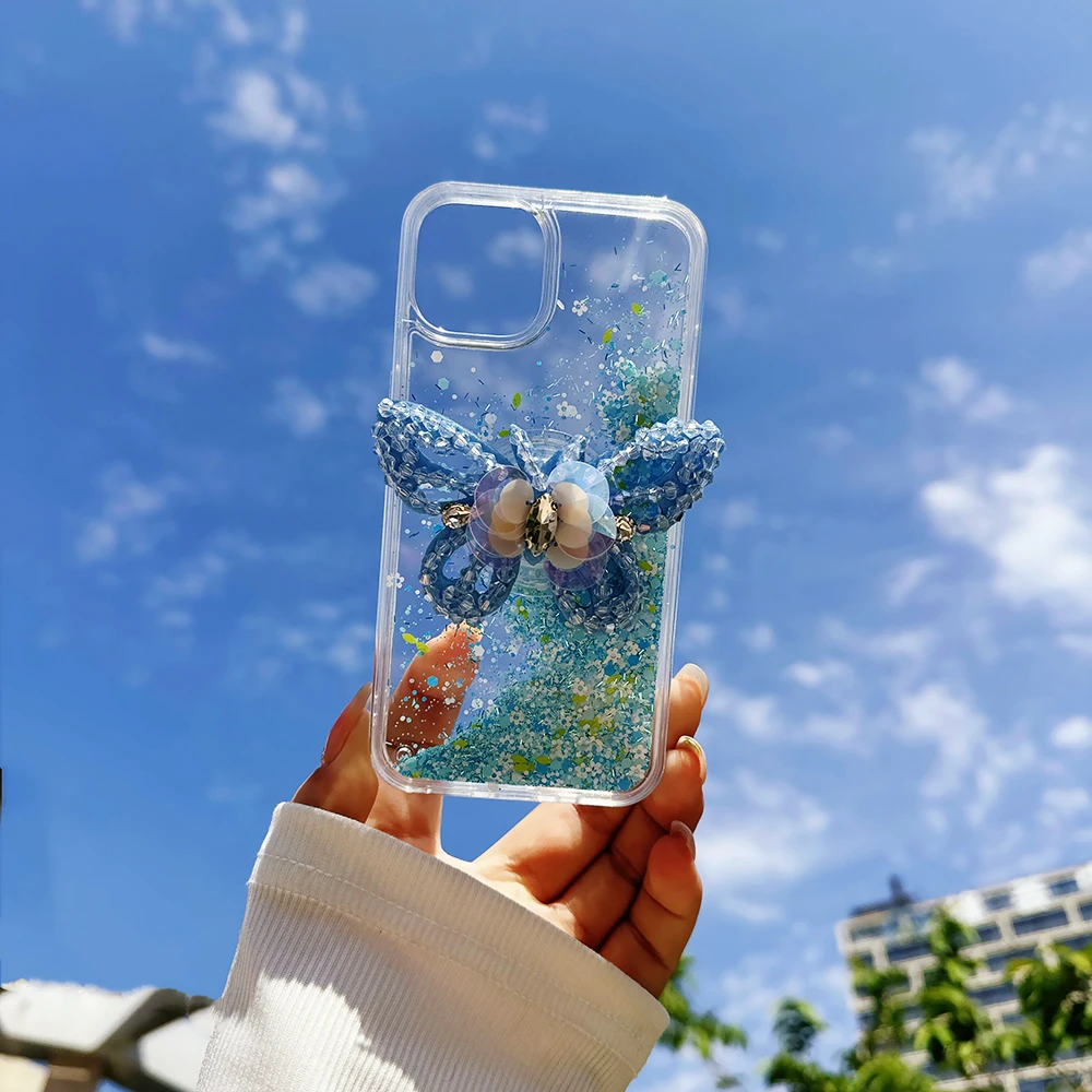 Butterfly Bracket Glitter Sequins Quicksand Phone Case for IPhone 13 12 Pro Max 1514 Plus Clear Back Cover Resistant Hard Case