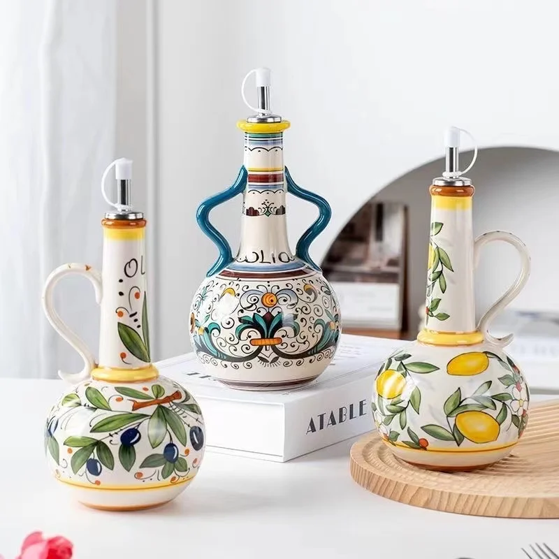 

Выставка Фланца под глазурью, ручная роспись, керамическая бутылка для оливкового масла, горшок, кухонная бутылка для соевого соуса, уксуса, приправы, герметичная