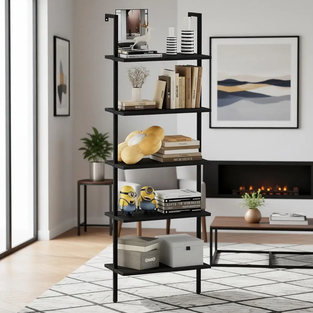 

5-ярусная настенная черная деревянная книжная полка в индустриальном стиле – стеллаж для хранения книг и канцелярских принадлежностей