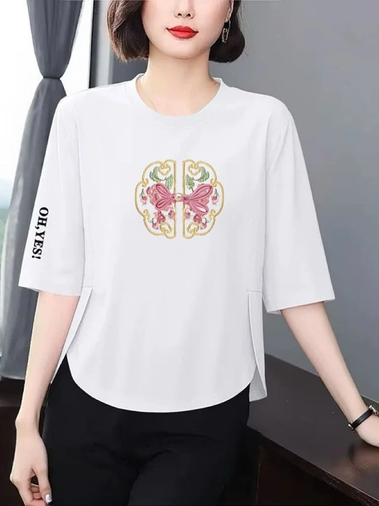 

Элегантная свободная футболка с принтом для женщин, с рукавом три четверти, утягивающая, для среднего возраста, дышащая, из полиэфирного волокна