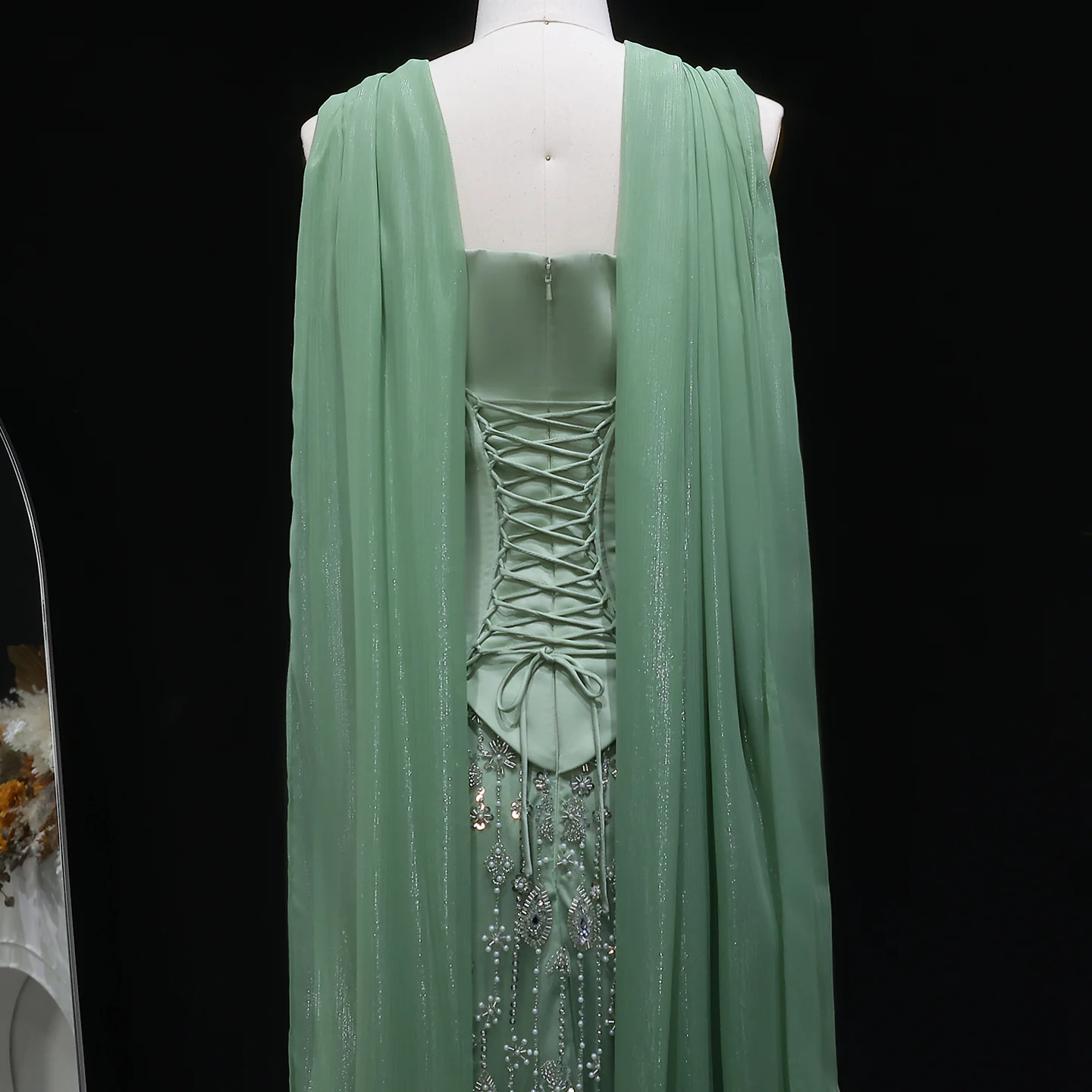 Sharon Said Arabisches Champagner-Perlen-Perlenbesetztes A-Linien-Abendkleid Schulterfrei mit Schal Damen Hochzeitsfeierkleid SS627 Maßanfertigung – Detail 11