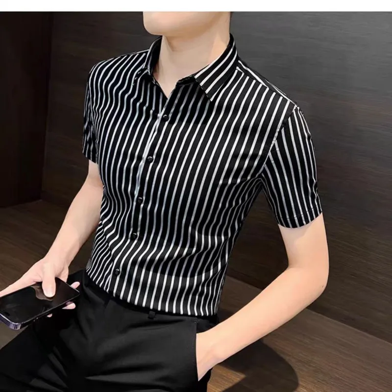 Camisas Shirt Men High Quality Luxury Clothing Summer Short Sleeve Striped Shirts for Men Slim Blouse Business Casual Shirt New