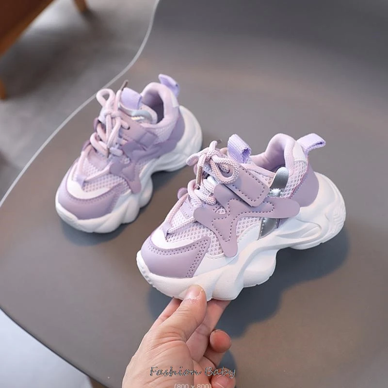 Spring New Kids Sneakers PU Girls Casual Mesh Solid Purple Light Boys Hook & Loop Children\'s Non-slip Sports Shoe Fashion