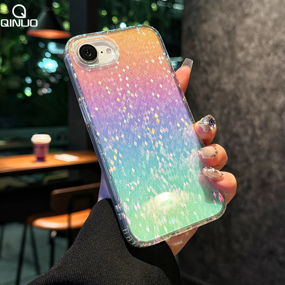 قوس قزح التدرج بريق بلينغ شبكة نمط الحال بالنسبة آيفون 16E 16 15 14 زائد 13 12 11 برو ماكس الملونة واضح غطاء مقاوم للصدمات
