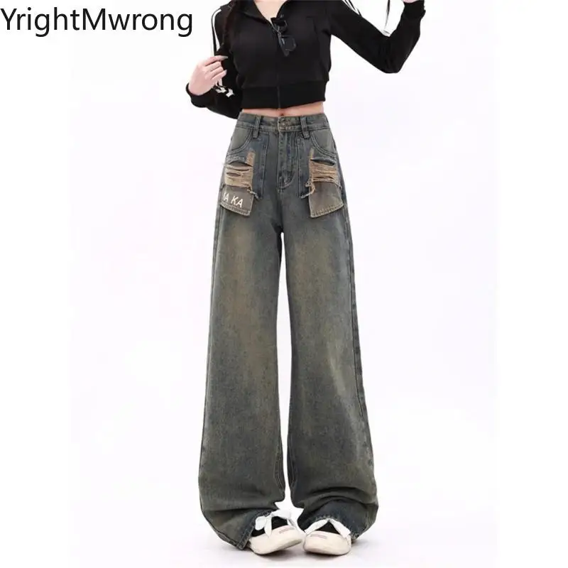 Pockets Ripped Hole Jeans for Women 2023 New Fashion Loose High Waisted Jeans Vintage Streetwear Harajuku Straight Wide Leg