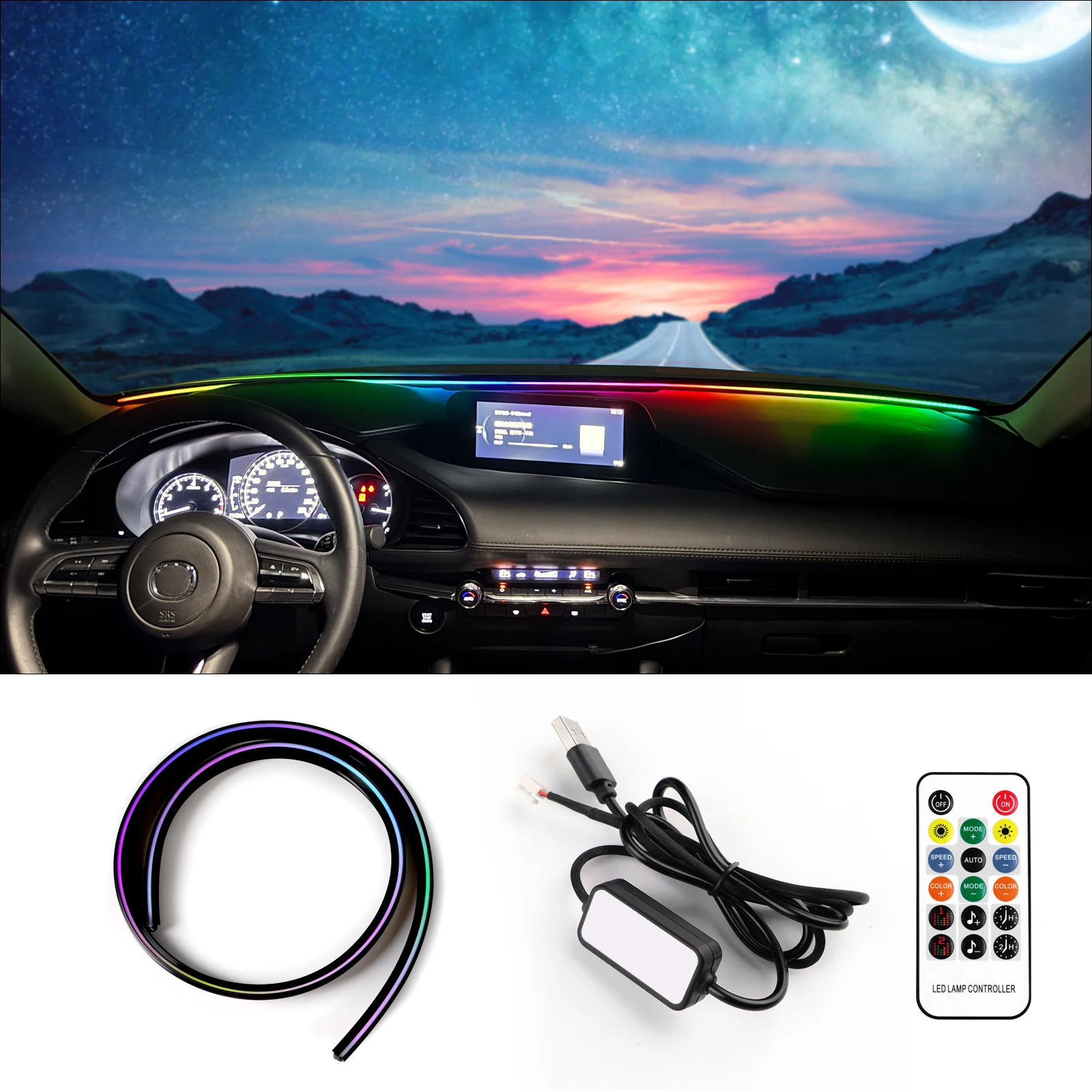 

For Mazda 3 2019-25 Windshield Lower Ambient Light USB Interface APP Bluetooth Control Colorful Interior Decoration Accessories