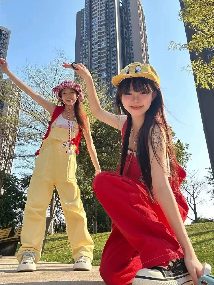 

Красные джинсовые комбинезоны Dopne Ing, женские летние маленькие размеры, студенческие милые комбинезоны с прямыми штанинами, повседневные высокие комбинезоны...