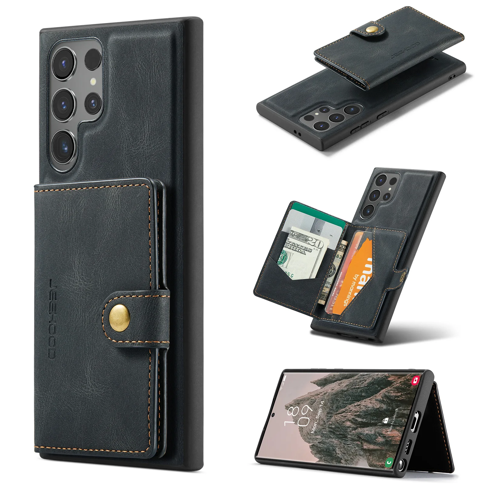 

JEEHOOD 2 in 1 Detachable Card Bag Wallet Case for Galaxy S25 Ultra S23 S24 FE S25 Edge Magnetic Leather Card Bag Wallet Funda