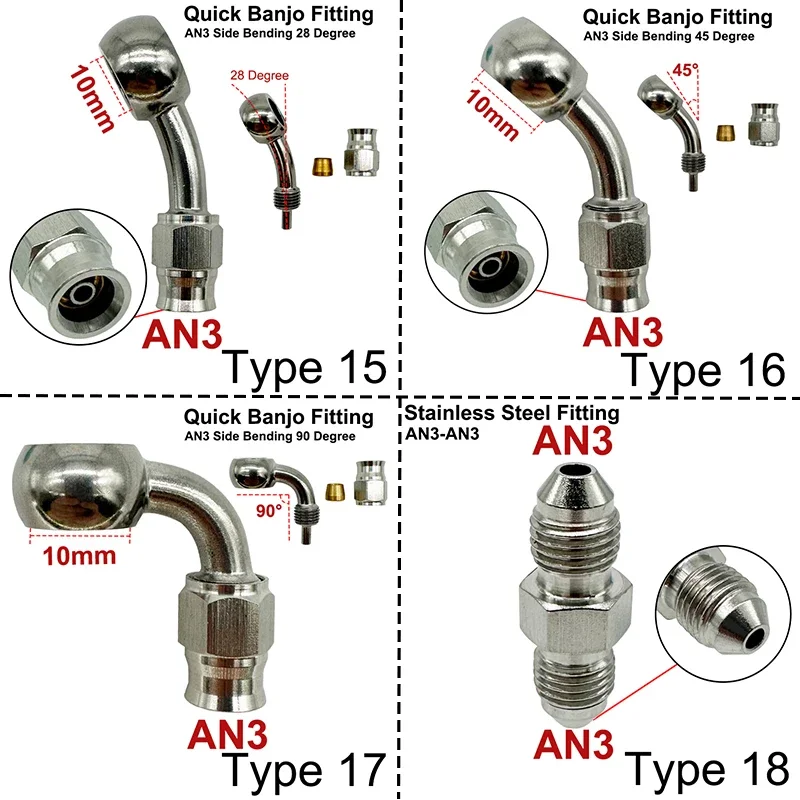 4X 3AN Motorcycle Motor Bike Hydraulic Brake Oil Hose Line Banjo Fitting M10 Stainless Steel 10mm AN3 Compression Swivel Adapter