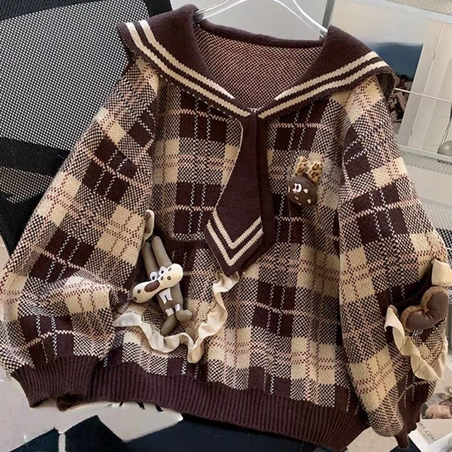 

Очаровательный темно-синий ретро-свитер Radia, женский вязаный топ Y2K, ленивый, для похудения, антивозрастной, осенне-зимний, Faion, студент колледжа, orm