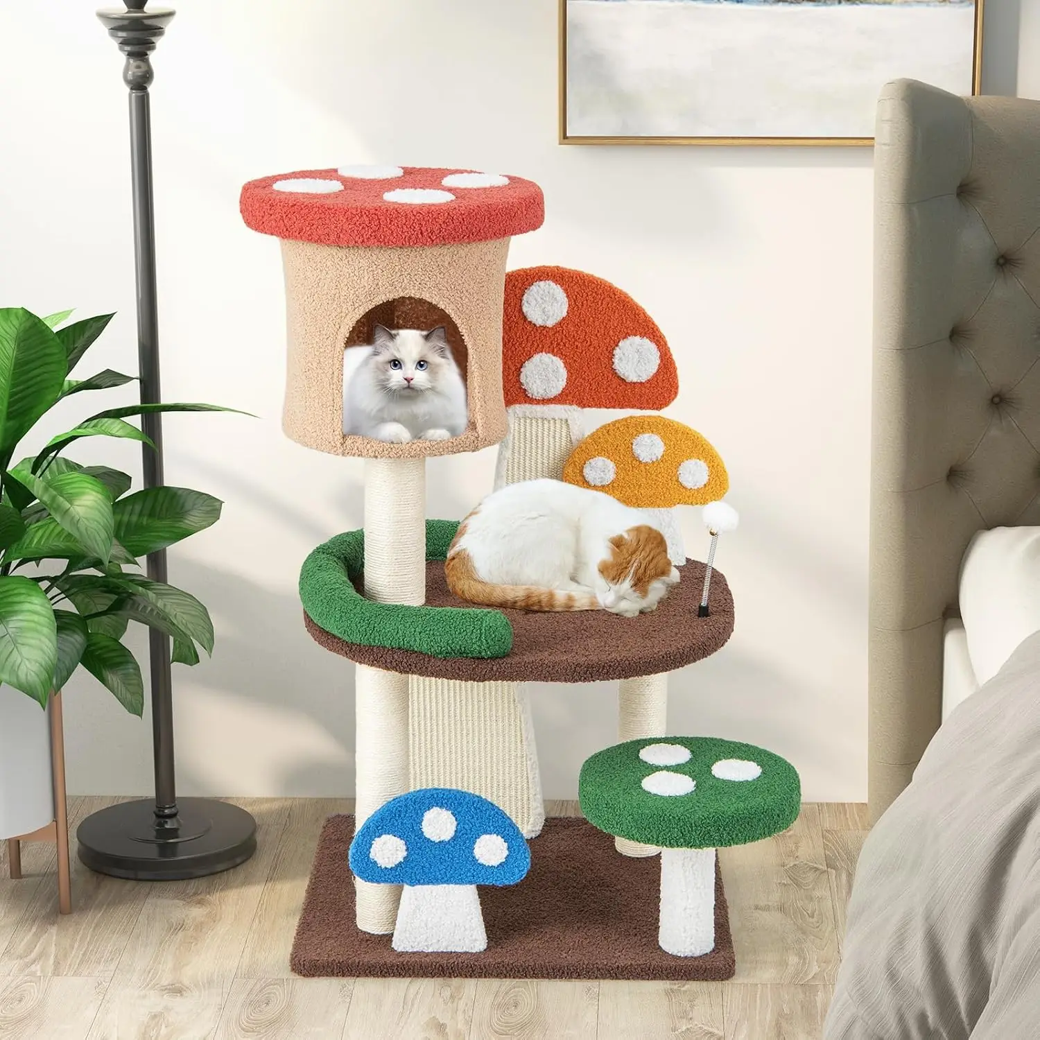 Indoor Large Adult Cat Use, Natural Sisal Material, No Color Specified, 40.5 Inches Tall, Multi-Level, Teasing Spring Ball