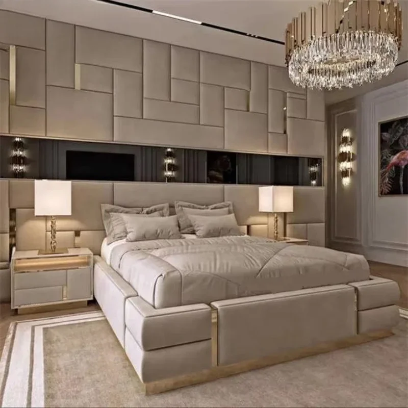 Premium King Size, Leather Headboard, Double Modern Wood Framed Furniture Deluxe Bedroom Bed