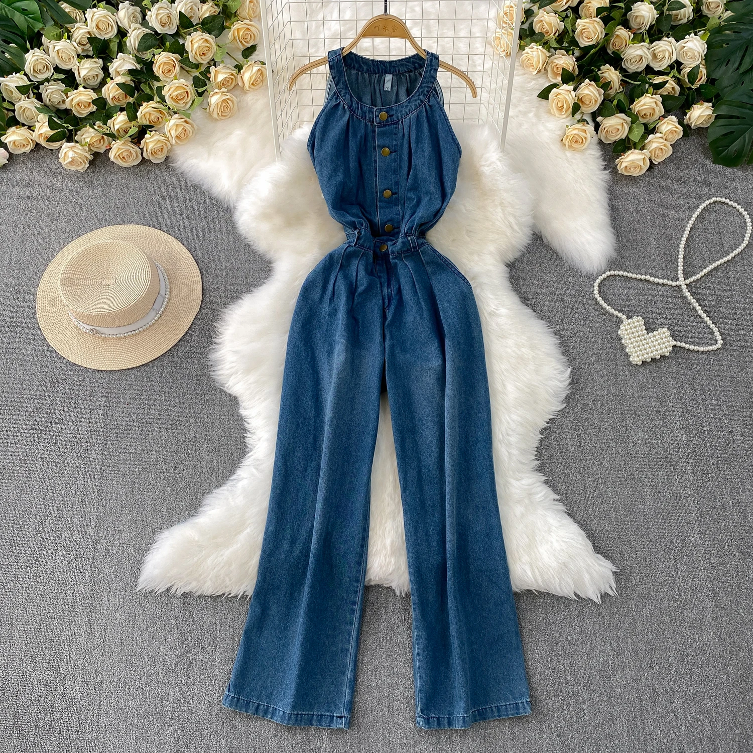 Tuta di jeans senza maniche da donna Estate Nuovi pagliaccetti a gamba dritta a gamba larga dimagranti a vita alta