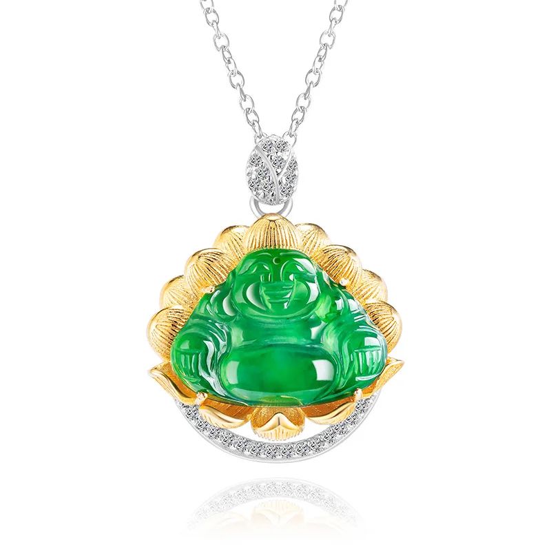 

Natural A-grade jade Yang green Buddha S925 silver inlaid with ice jade pendant jade pendant for women fashionable necklace