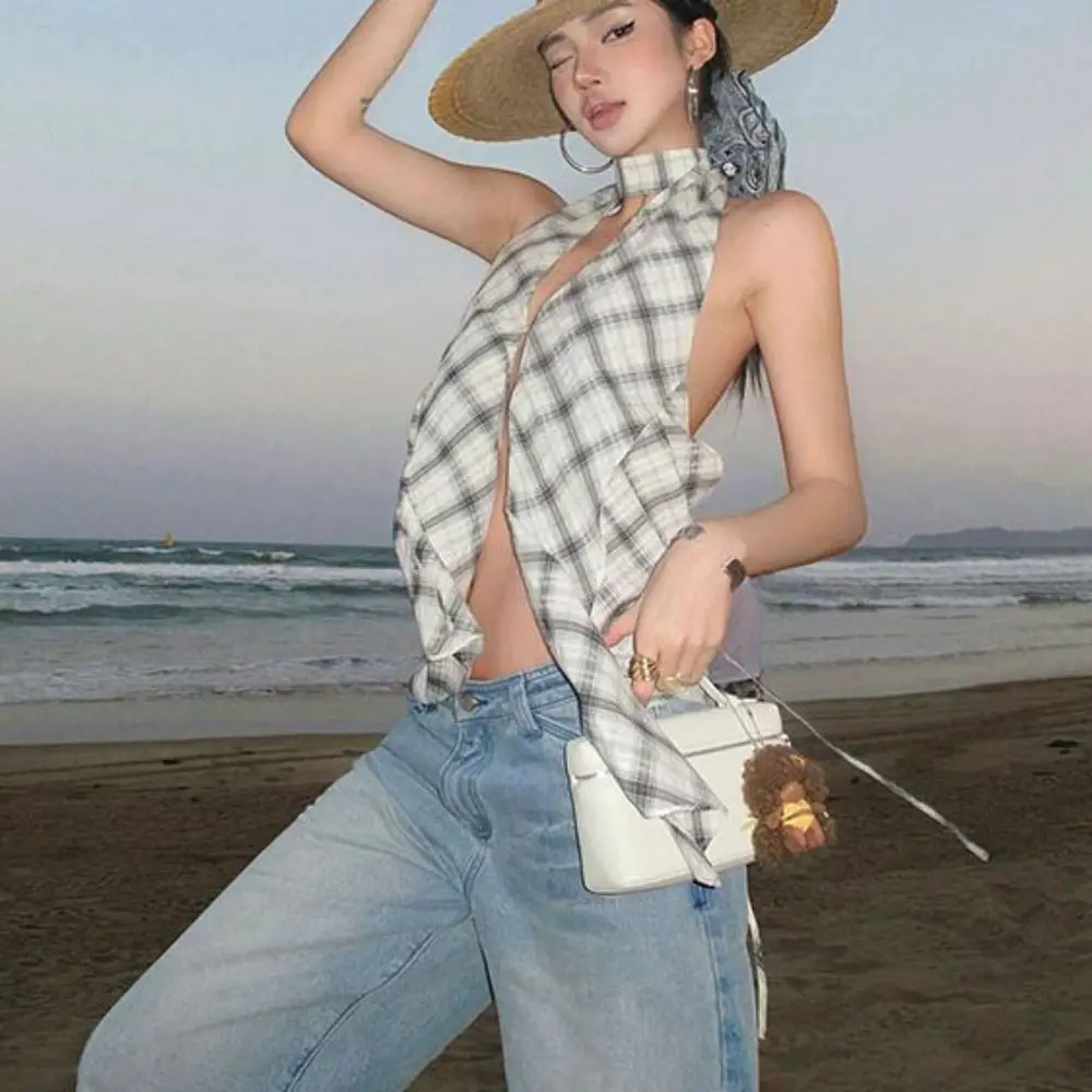 

Korean Style Grid Halter Sleeveless Camisole Split Sweet Slim Crop Tops Spicy Girl Irregular Suspender Vest Travel
