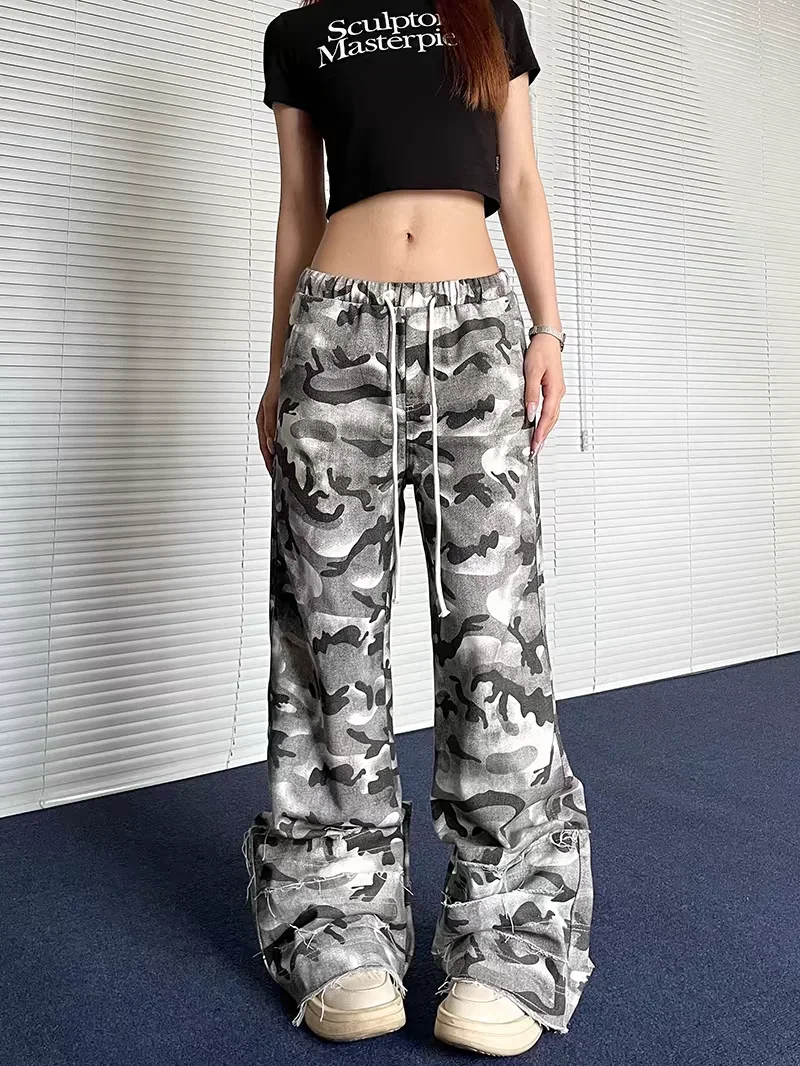 IMU Hip Hop Camouflage Cargo Pants Woman Dyeing Color Block Trend Drawstring Y2k Harajuku 90s Aesthetic Baggy Pants y2k pants wo