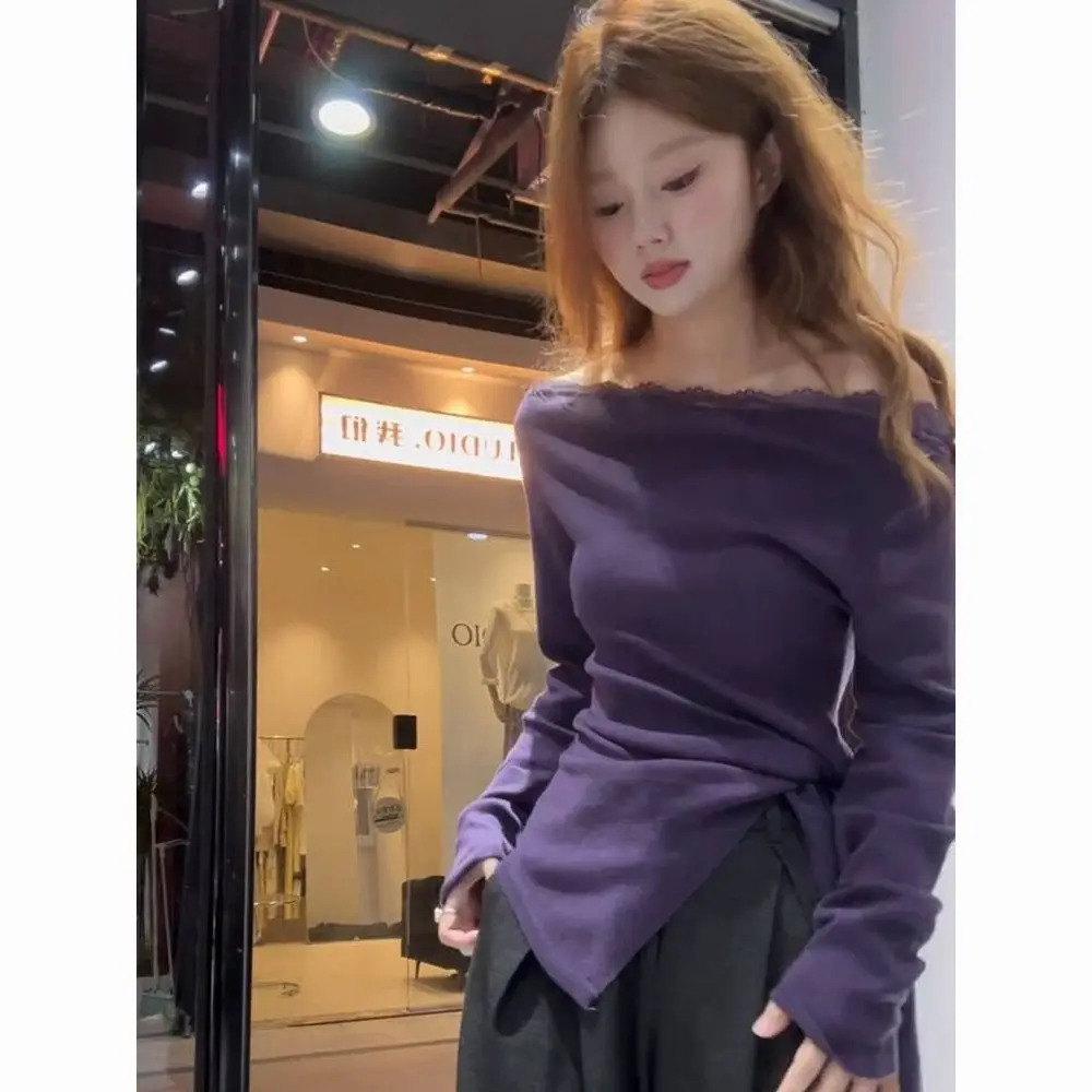 Kimotimo Women T-shirt Fashion Asymmetric Patchwork Lace Long Sleeve Ruffle Top Summer Temperament Folds Slim Fit Ruched Tees