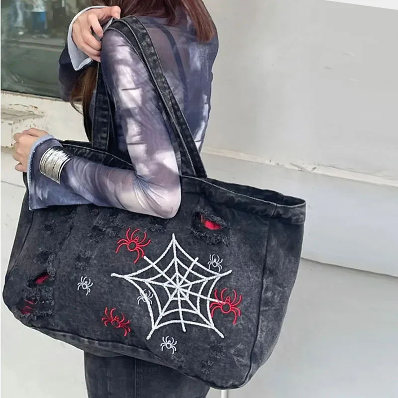 Large Capacity Denim Vintage Messenger Adjustable Strap Daily Tote Bag Crossbody Bag Vintage Embroidered Women Handbag