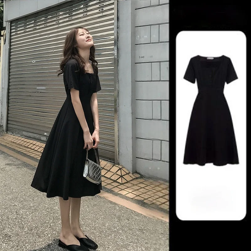 

Черные платья женские летние новые винтажные французские модные квадратные воротники Хепберн универсальный дизайн качество S-3XL Mujer Empire для отдыха