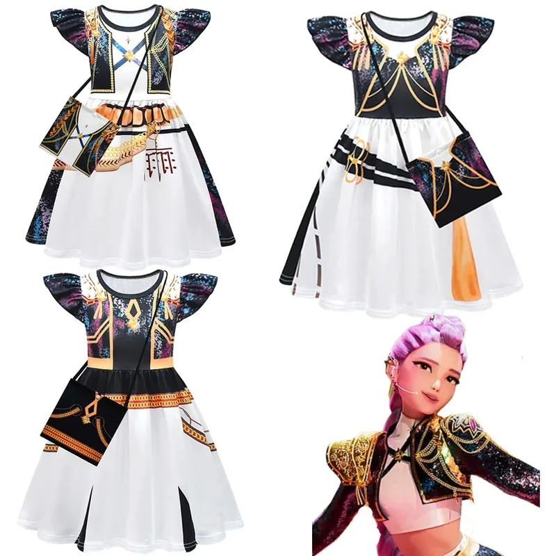 ชุดคอสเพลย์เด็กผู้หญิงตัวเล็ก ชุดเดรส กระโปรง กระเป๋า ชุดแฟนซี ฮาโลวีน ปี 2025 การ์ตูนนักล่าปีศาจ KPop Kids Rumi Zoey Mira