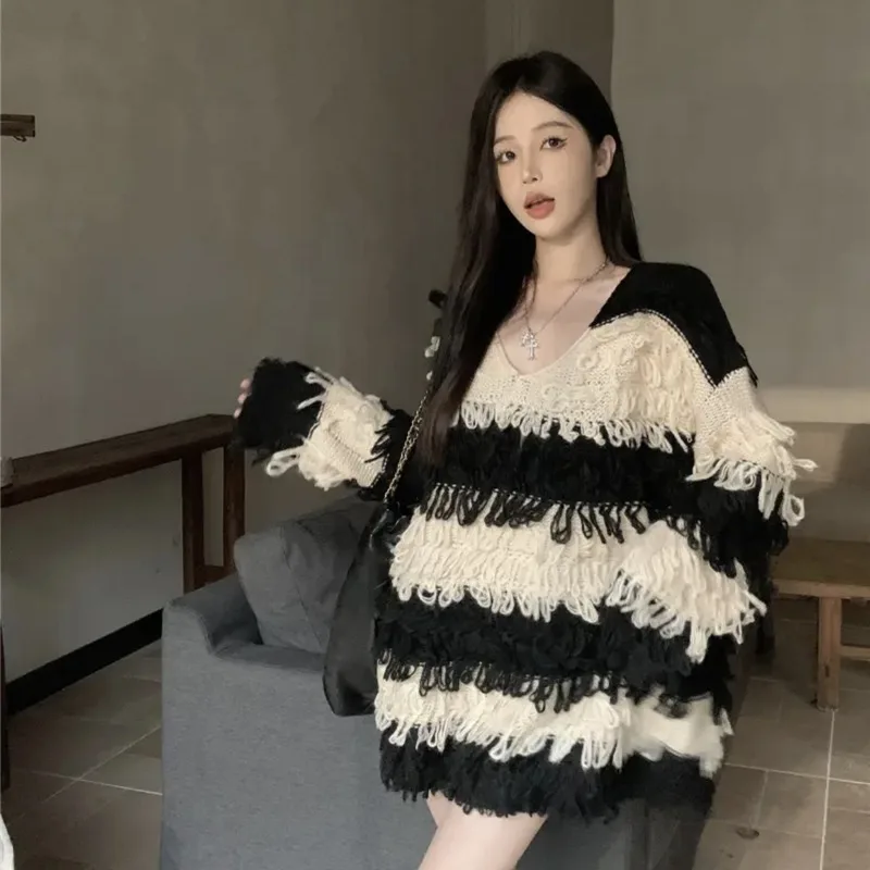 خريف 2025 كسول Sle Aosphere Faion طويل Sve شرابة مخطط فضفاض متعدد الاستخدامات سترة ملابس خارجية Ele Quali Ladies K...