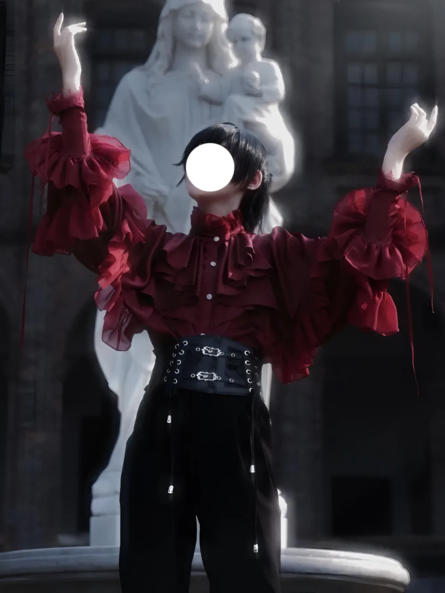 2025 Spring and Autumn Dark Style Batwing Sleeve Regular Shirt Vintage Medieval Style Lolita Inner Stand Collar Shirt